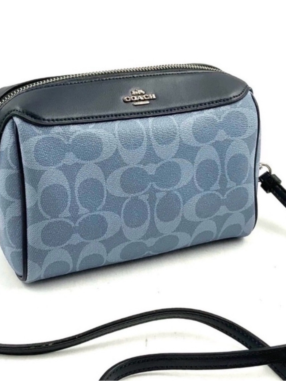 Coach Sky Blue Signature Small Crossbody with Navy Trim